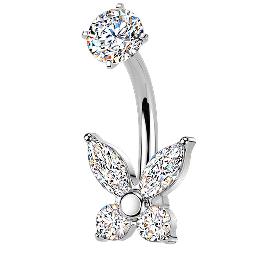 14 Gauge Hypoallergenic Crystal Flower Belly Bar