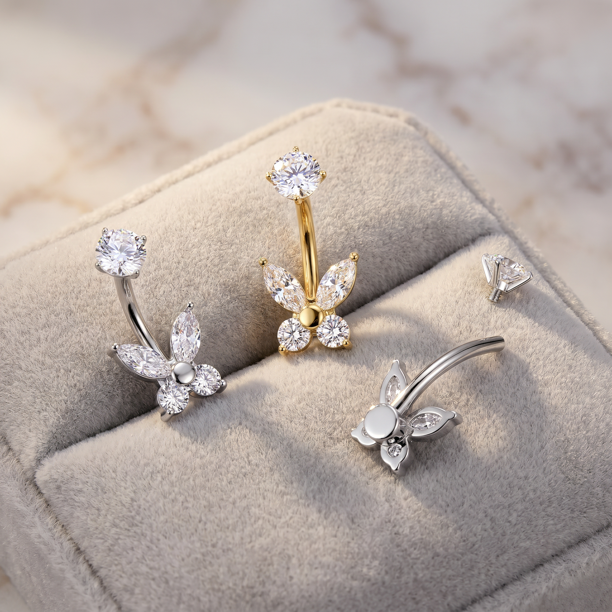 14 Gauge Hypoallergenic Crystal Flower Belly Bar