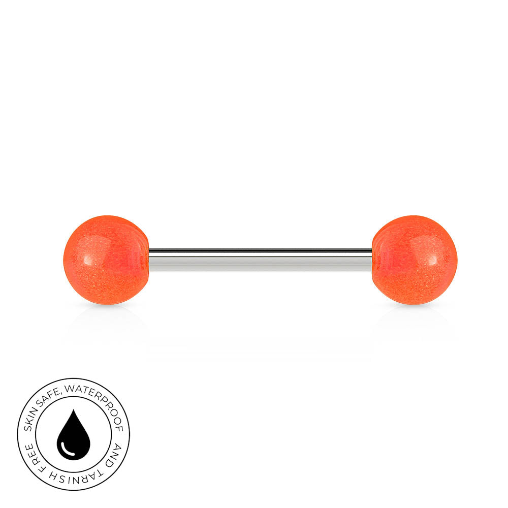 A barbell-style body jewelry piercing with two bright orange spherical ends and a slim silver metal center bar, shown on a white background with a circular 'skin-safe waterproof and tarnish free' badge in the lower left.