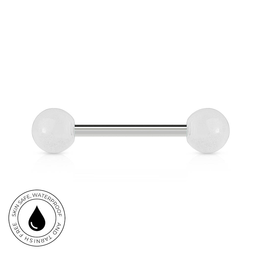 A silver-toned barbell piercing with two matte white spherical ends, shown on a clean white background with a circular 'Skincare Waterproof' badge in the bottom-left corner.