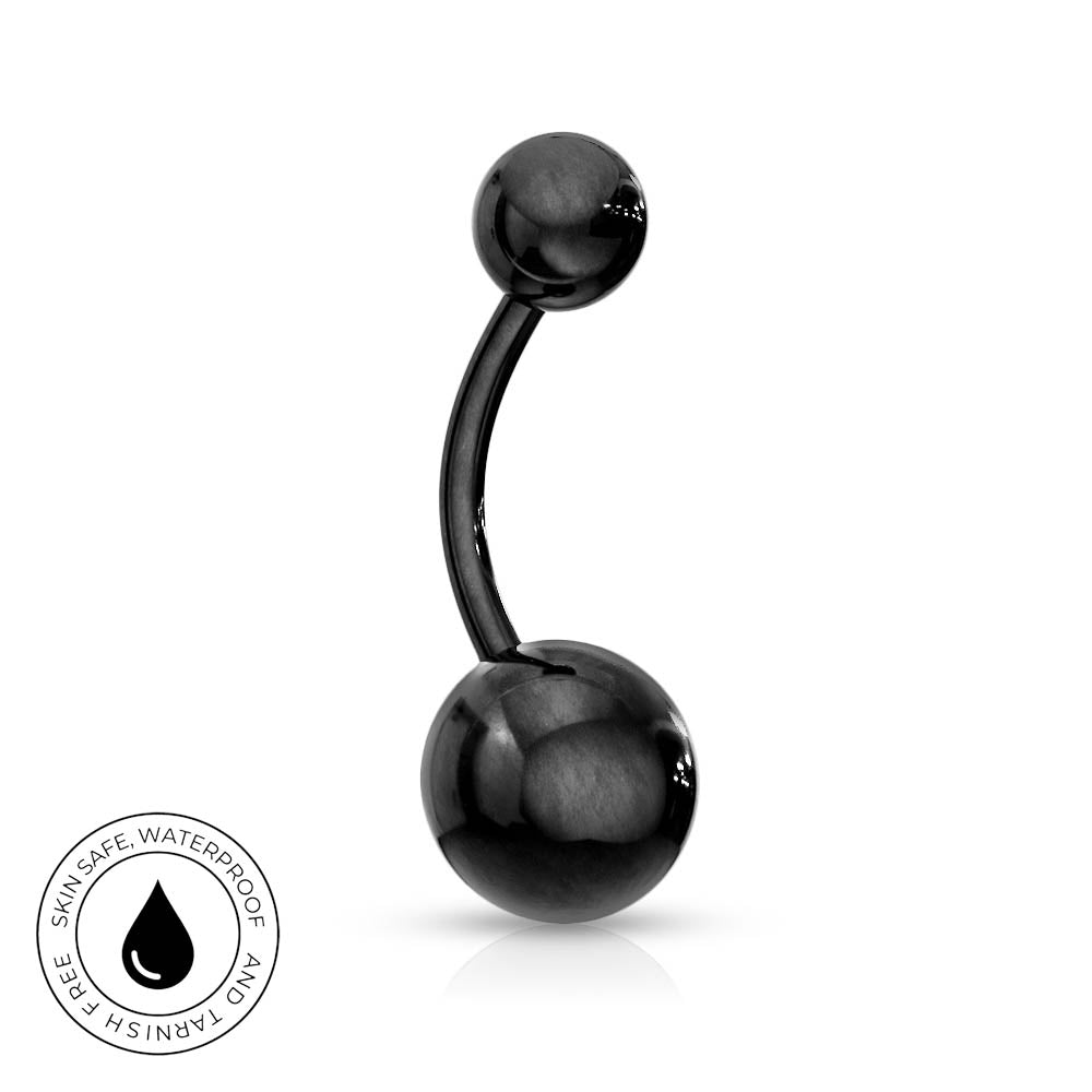 A curved barbell belly button piercing with two glossy black ball ends, shown on a white background with a circular 'Skin Safe Waterproof' badge in the lower-left corner.
