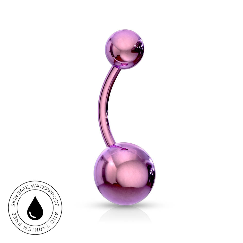 A curved barbell navel piercing jewelry piece with two spherical ends in a shiny metallic purple finish, shown on a clean white background with a small circular skin-safe waterproof badge in the lower-left corner.