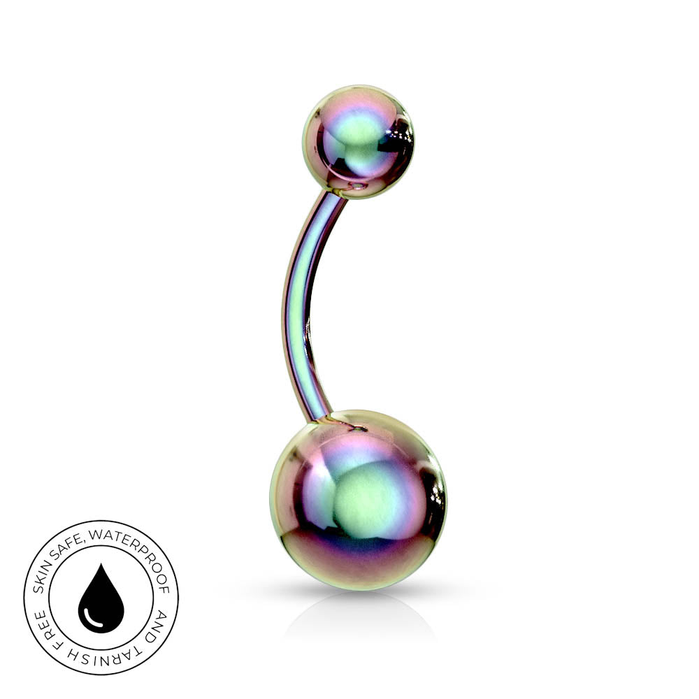 Curved barbell navel piercing jewelry with iridescent rainbow-finish spheres on a white background, featuring a circular skin-safe waterproof badge in the lower-left corner.