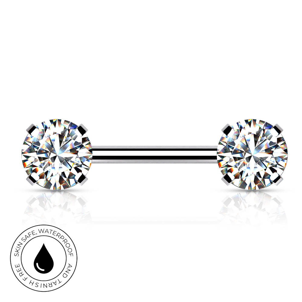 A silver-toned barbell nose ring with two round-cut clear gemstones, shown on a white background with a reflection below and a circular 'skin-safe waterproof and tarnish free' badge in the lower left.