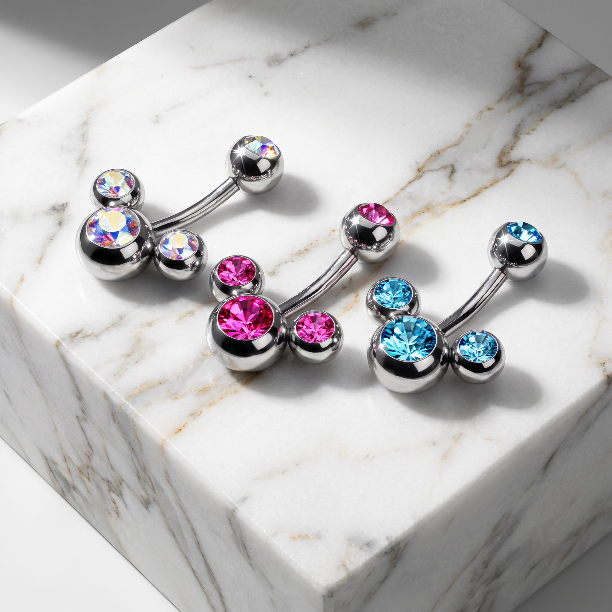 Three silver-toned curved barbell belly button piercings with multiple round rhinestones in pink, blue, and iridescent colors, arranged on a white marble block.