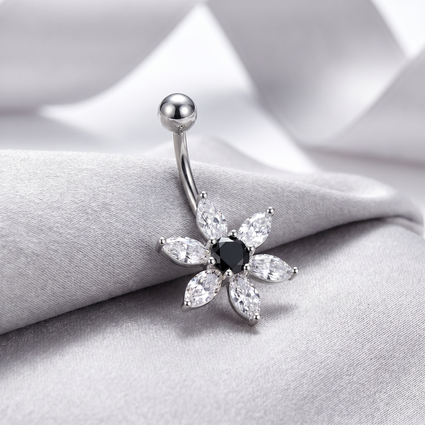 14 Gauge Onyx Flower Belly Button Bar