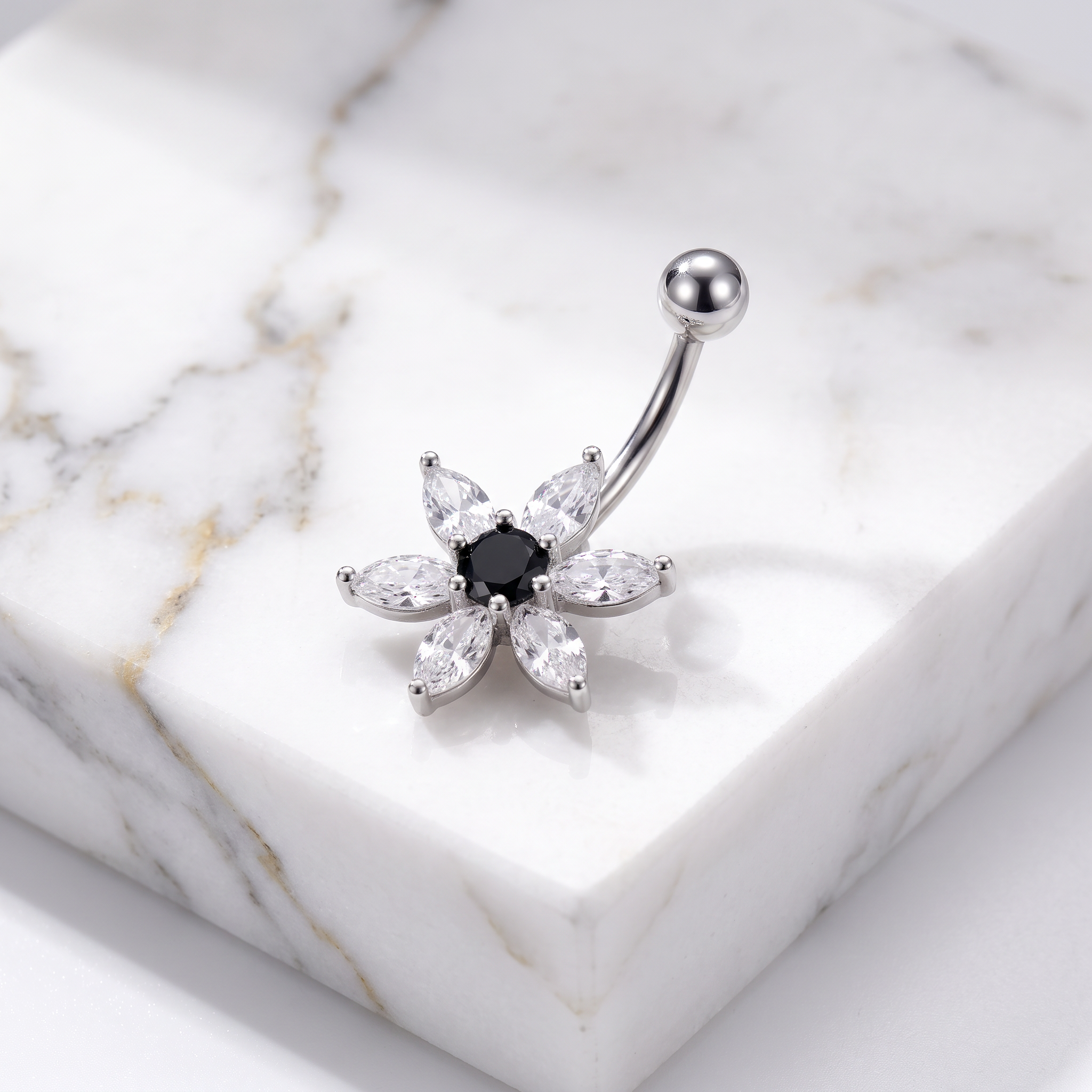 14 Gauge Onyx Flower Belly Button Bar