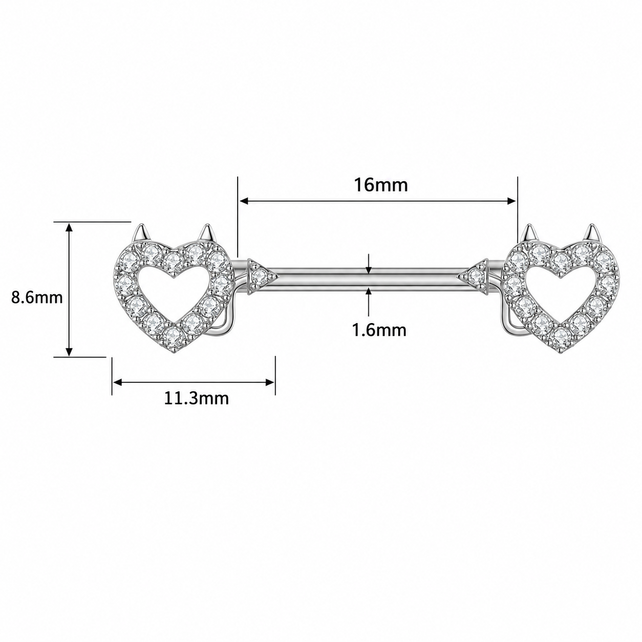 Silver-toned barbell piercing jewelry with two heart-shaped studs paved with clear stones, shown with dimension labels on a white background.