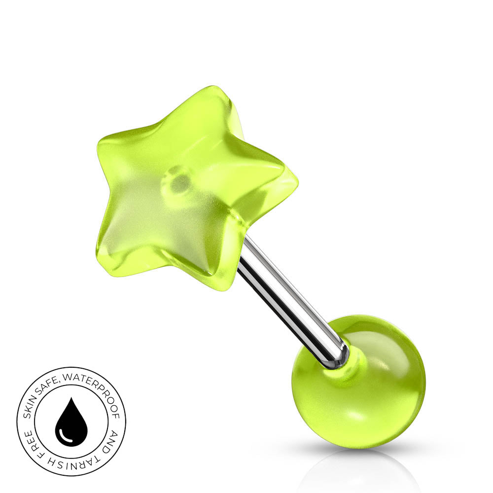 A star-shaped labret piercing stud in translucent neon yellow-green, featuring a polished stainless steel barbell and a smooth round bead end. A circular 'Skin Safe Waterproof' badge is shown in the bottom-left corner on a clean white background.