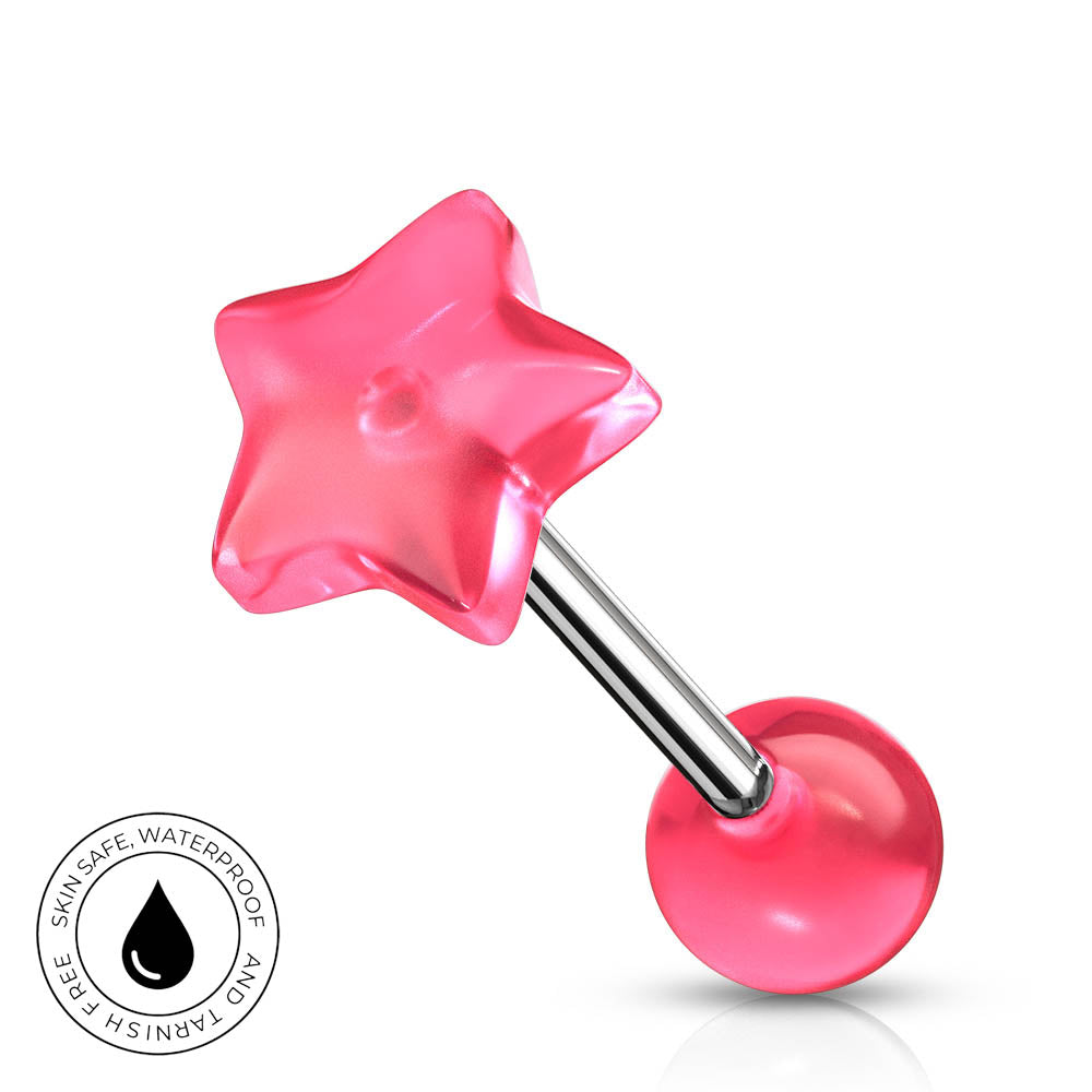 A pink star-shaped labret piercing barbell with a metallic silver post and a glossy pink ball end, shown on a white background with a circular 'Skin Safe Waterproof' badge in the lower left corner.