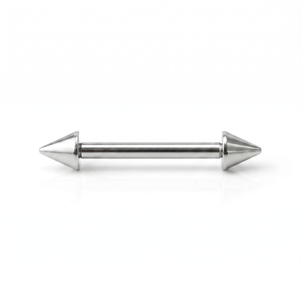 A silver-toned metal barbell stud with conical spike ends, shown horizontally on a clean white background.