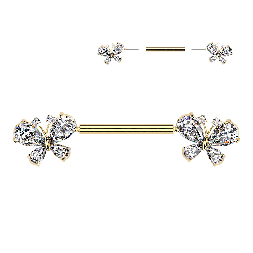 14 Gauge Threadless Crystal Butterfly Nipple Barbell
