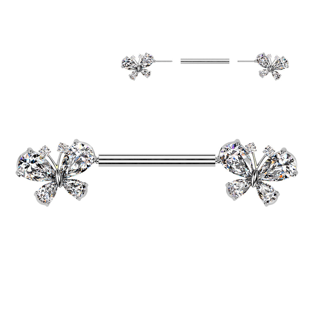 14 Gauge Threadless Crystal Butterfly Nipple Barbell