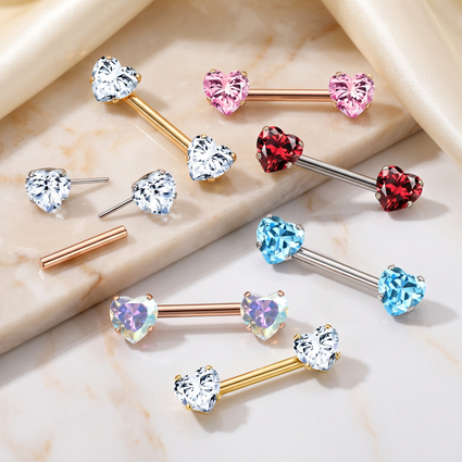 14 Gauge Threadless Crystal Heart Nipple Barbell