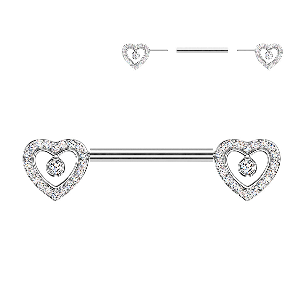 14 Gauge Threadless Crystal Heart Nipple Barbell