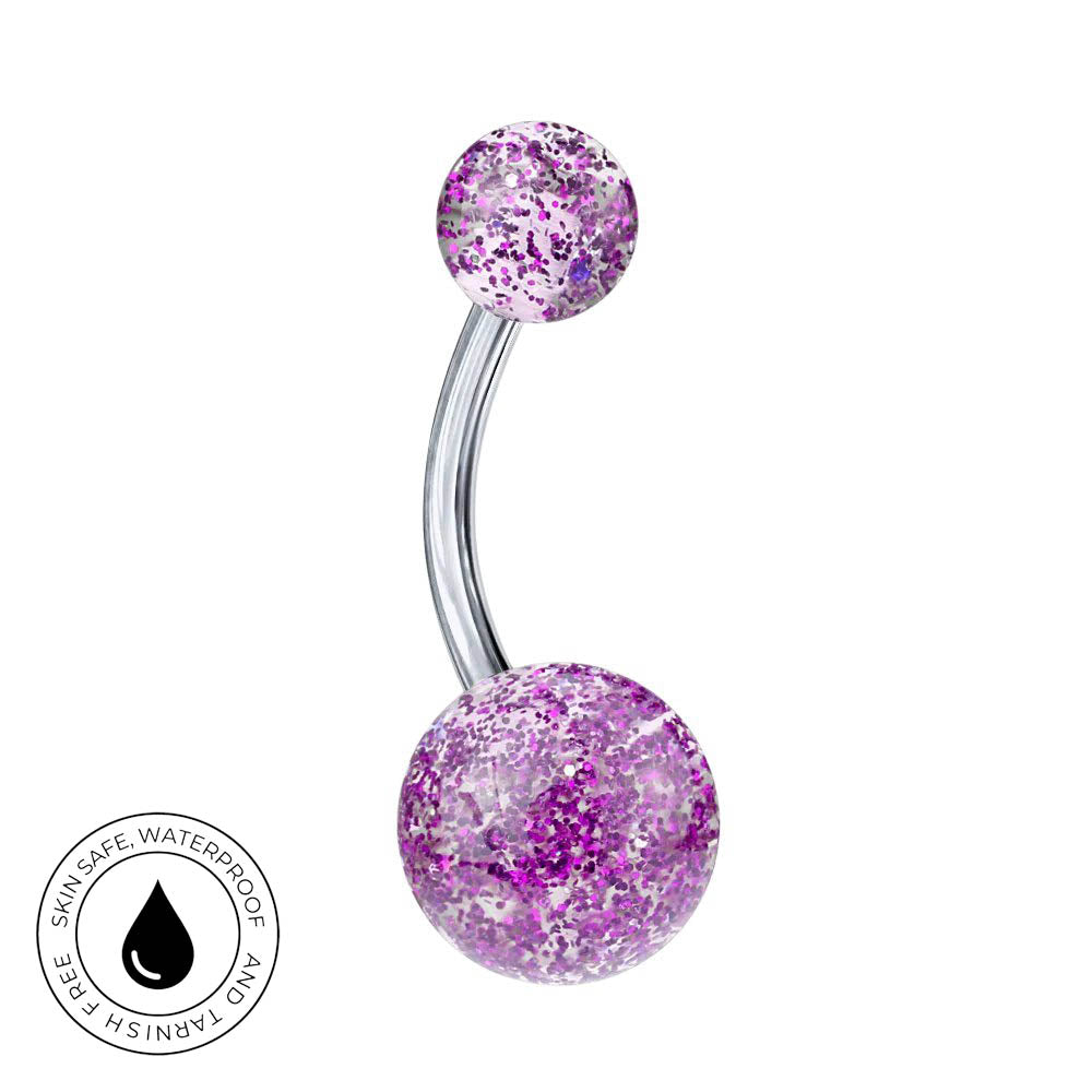 A curved barbell navel piercing jewelry piece with two glittery purple and pink spheres on a silver-tone metal bar, shown on a white background with a circular skin-safe waterproof badge in the lower-left corner.