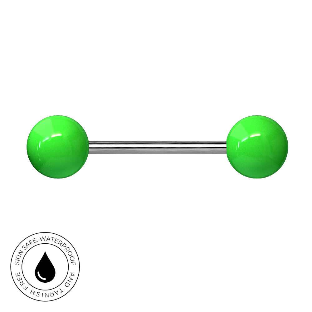 A barbell-style body jewelry piece with two bright green spherical ends and a straight silver metal center, shown on a plain white background. A circular badge in the lower left says skin-safe, waterproof, and tarnish-free.
