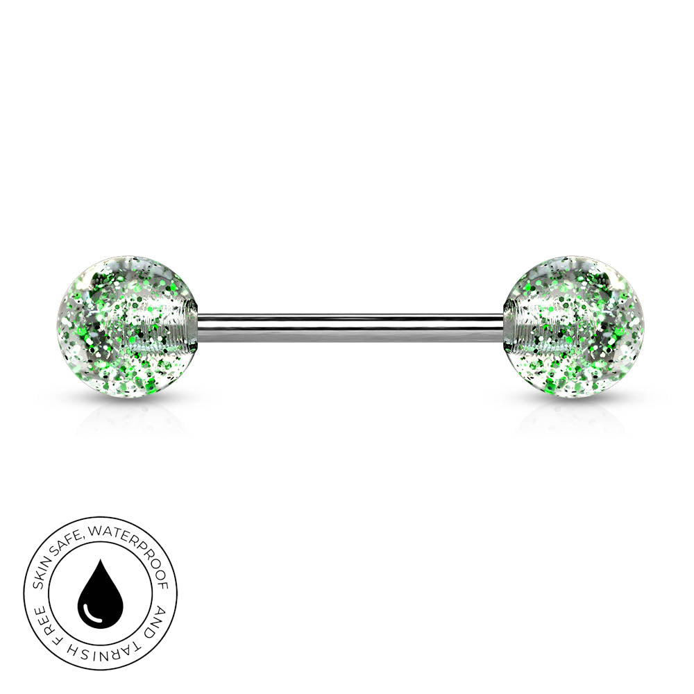 A silver-toned barbell piercing jewelry piece with two round clear resin ends filled with green and silver glitter, shown on a white background with a circular 'Skin Safe Waterproof' badge in the lower-left corner.