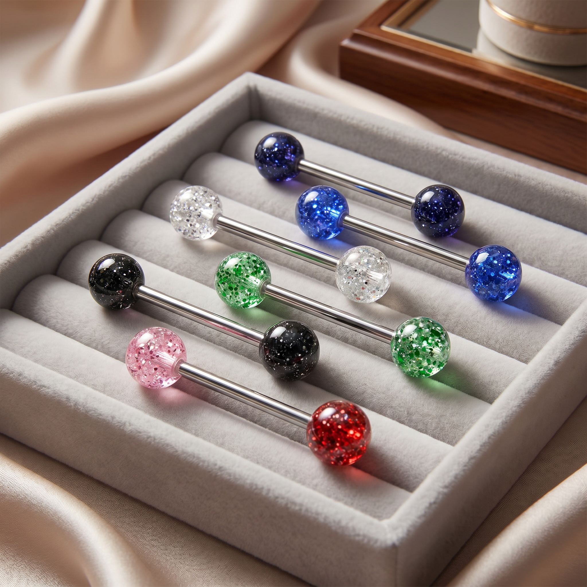 Six silver barbell-style jewelry pieces with round glitter-filled ends in assorted colors, arranged in a light gray velvet jewelry box on draped satin fabric.