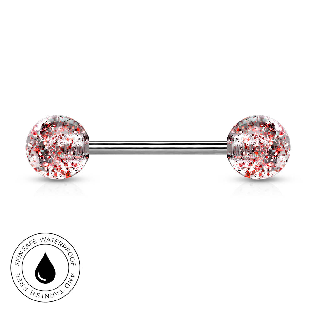 A silver-toned barbell piercing jewelry piece with two round end beads covered in red, pink, and black glitter, shown on a white background with a circular 'Skin Safe Waterproof' badge in the bottom-left corner.