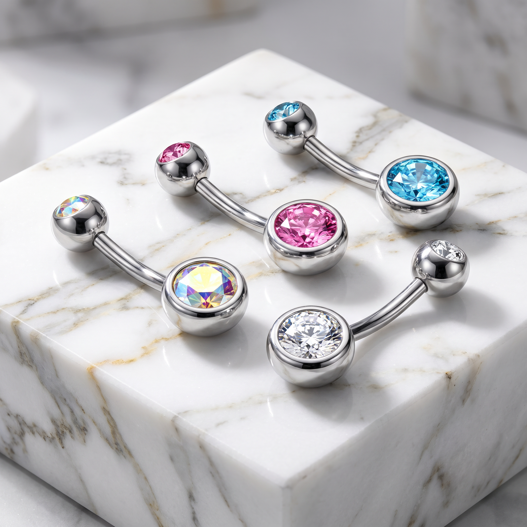 Five silver-toned navel piercings with round gemstone tops are arranged on a white marble block. The set includes iridescent, pink, light blue, and clear gemstones.