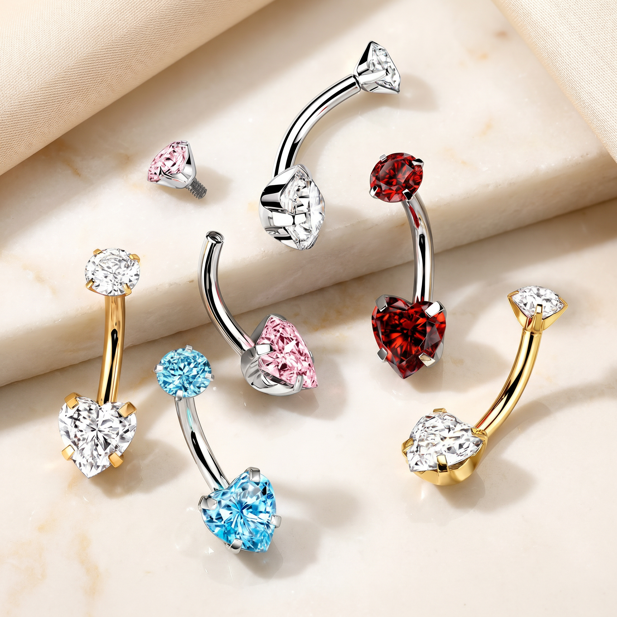 14 Gauge Titanium Double Crystal Heart Belly Button Bar