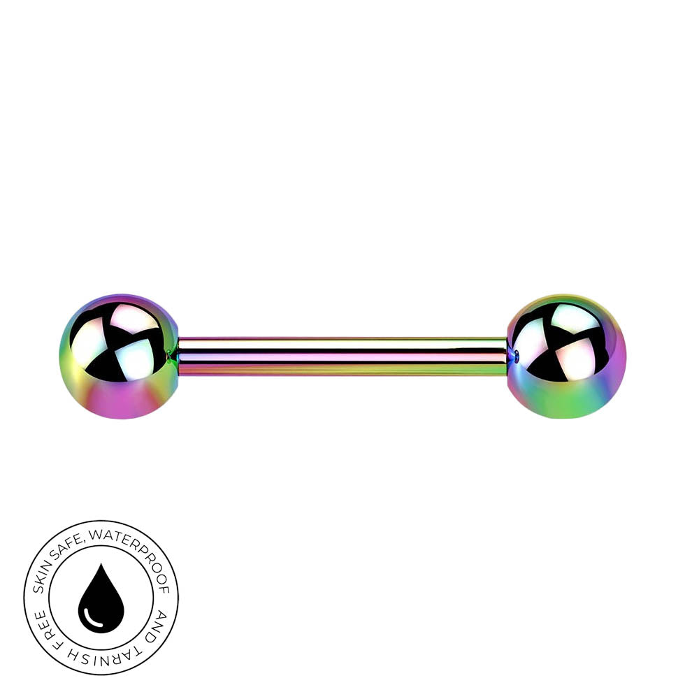 An iridescent rainbow barbell stud with two spherical ends, shown on a plain white background with a circular 'Skin Safe Waterproof' badge in the bottom-left corner.