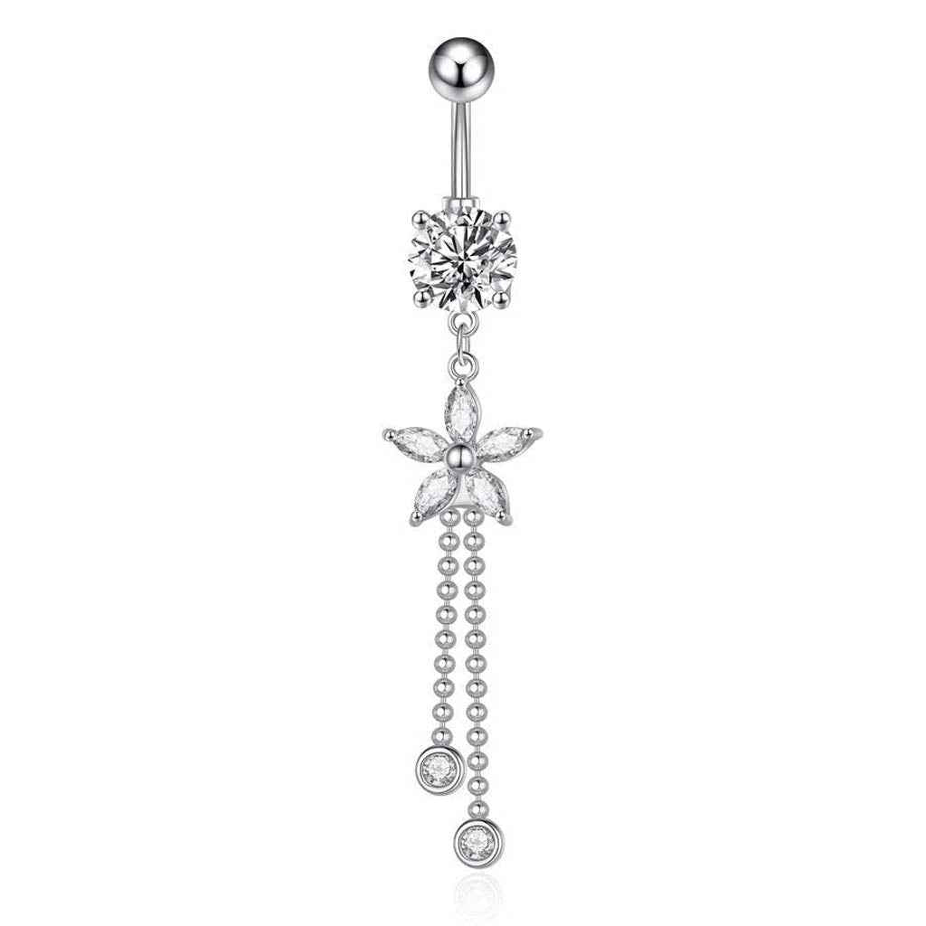 14 Gauge Crystal Flower & Dangling Chains Belly Bar