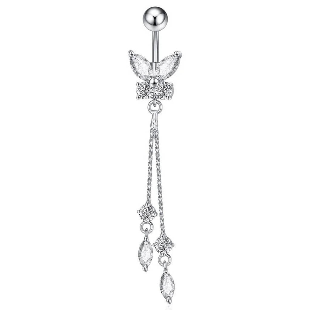 A silver-toned belly button ring featuring a butterfly and bow design adorned with clear crystals, with three dangling chain drops ending in marquise and round clear crystals, shown on a plain white background.