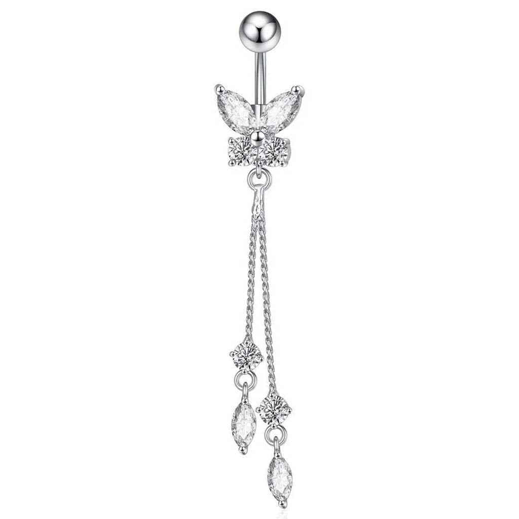 14 Gauge Crystal Butterfly & Dangling Chains Belly Bar