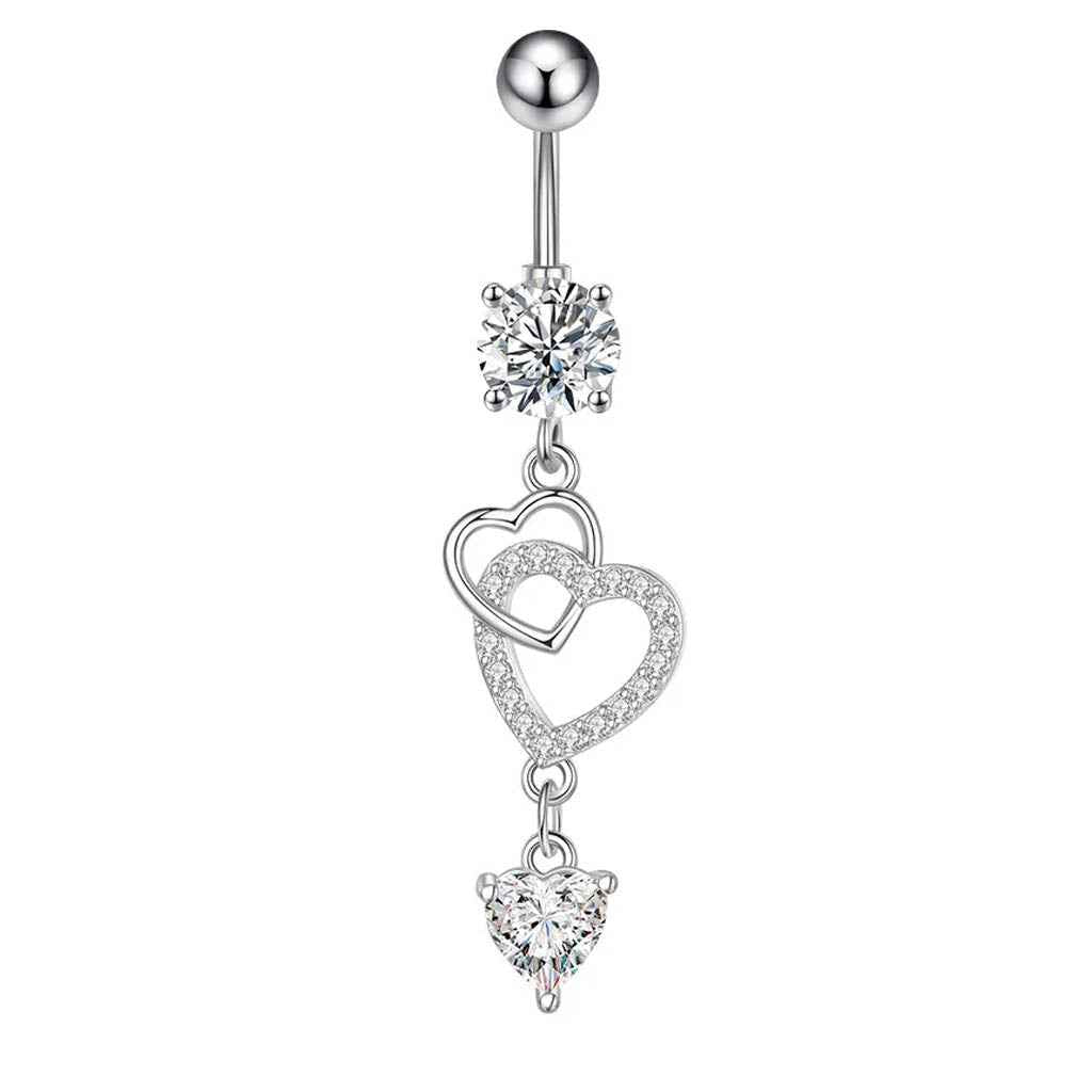 14 Gauge Double Dangling Heart Belly Button Bar