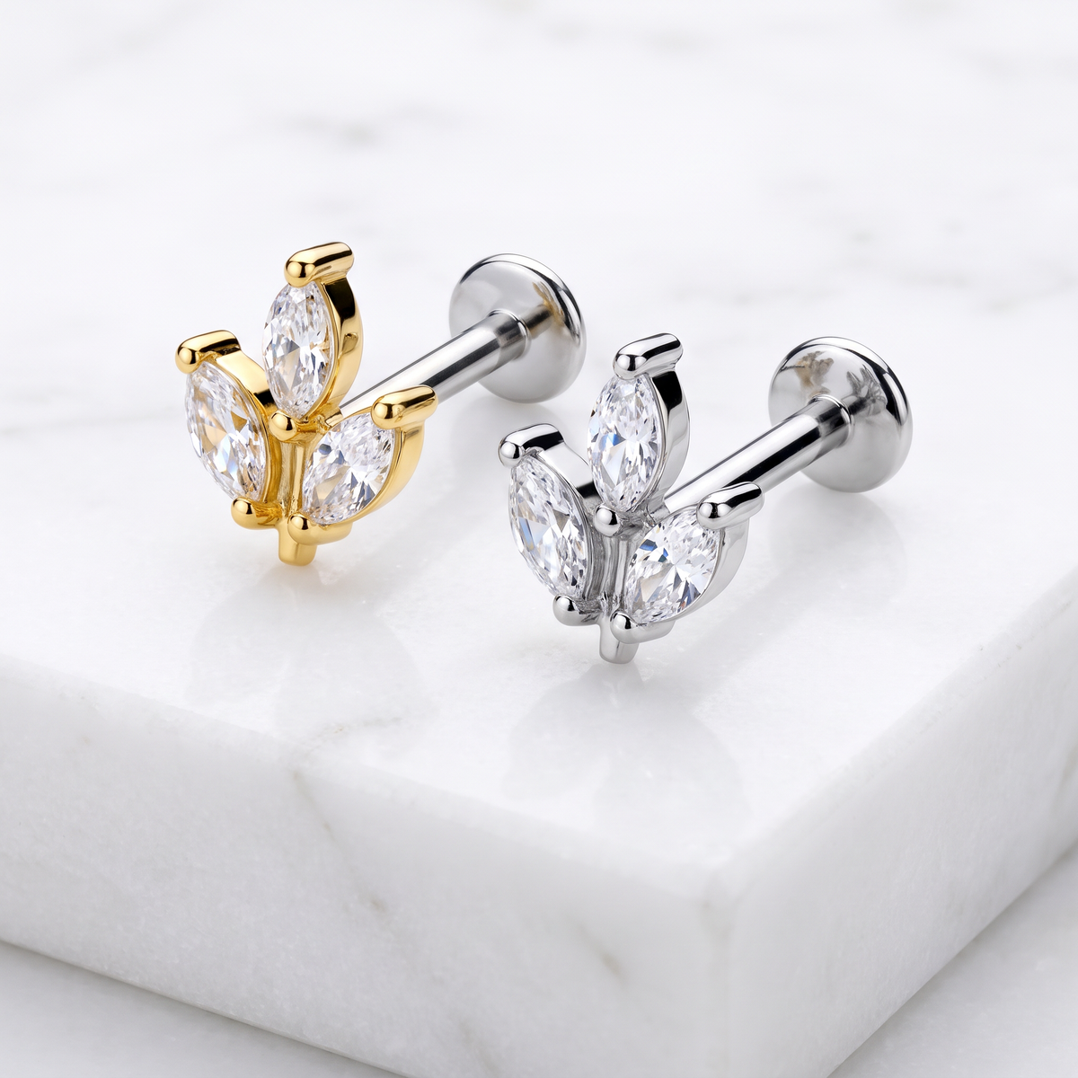 16 Gauge Dainty Threadless Marquise Flower Stud in gold or silver