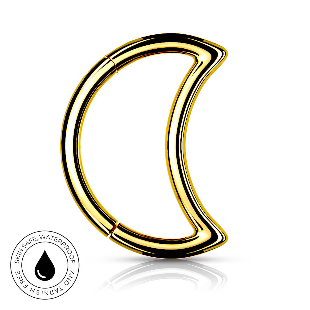 A polished gold crescent-shaped ring with a high-shine finish, displayed on a clean white background with a subtle reflection. A circular badge in the bottom-left corner highlights its skin-safe, waterproof, and tarnish-free qualities.