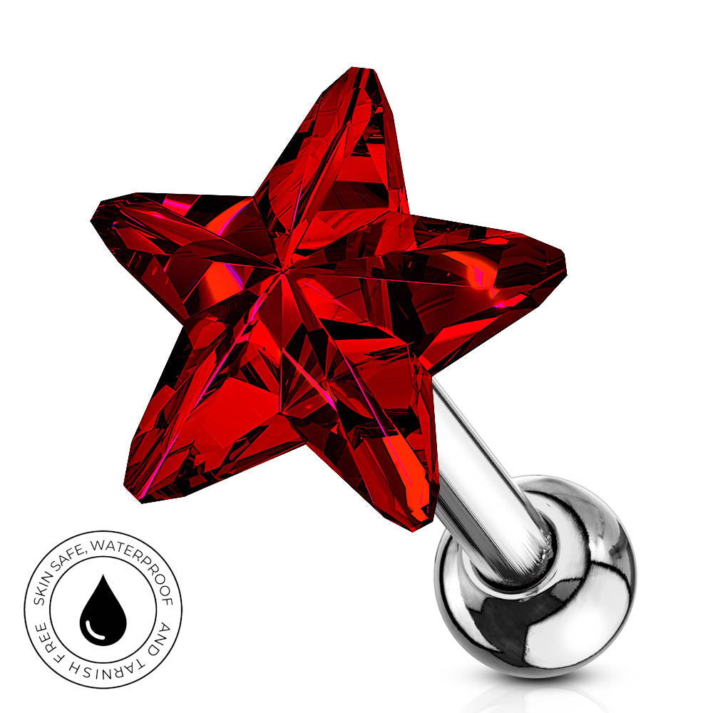 A star-shaped red faceted gemstone labret piercing stud with a polished silver ball back, shown on a white background with a circular 'Skin Safe Waterproof' badge in the lower-left corner.