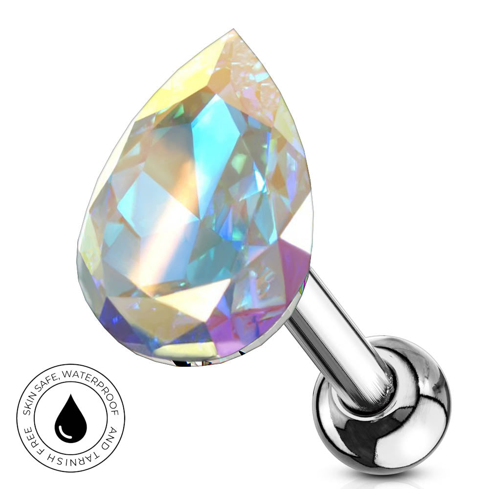 Teardrop-shaped iridescent crystal labret piercing stud on a white background, featuring a silver-toned metal post and a circular 'Skin Safe Waterproof' badge in the lower-left corner.