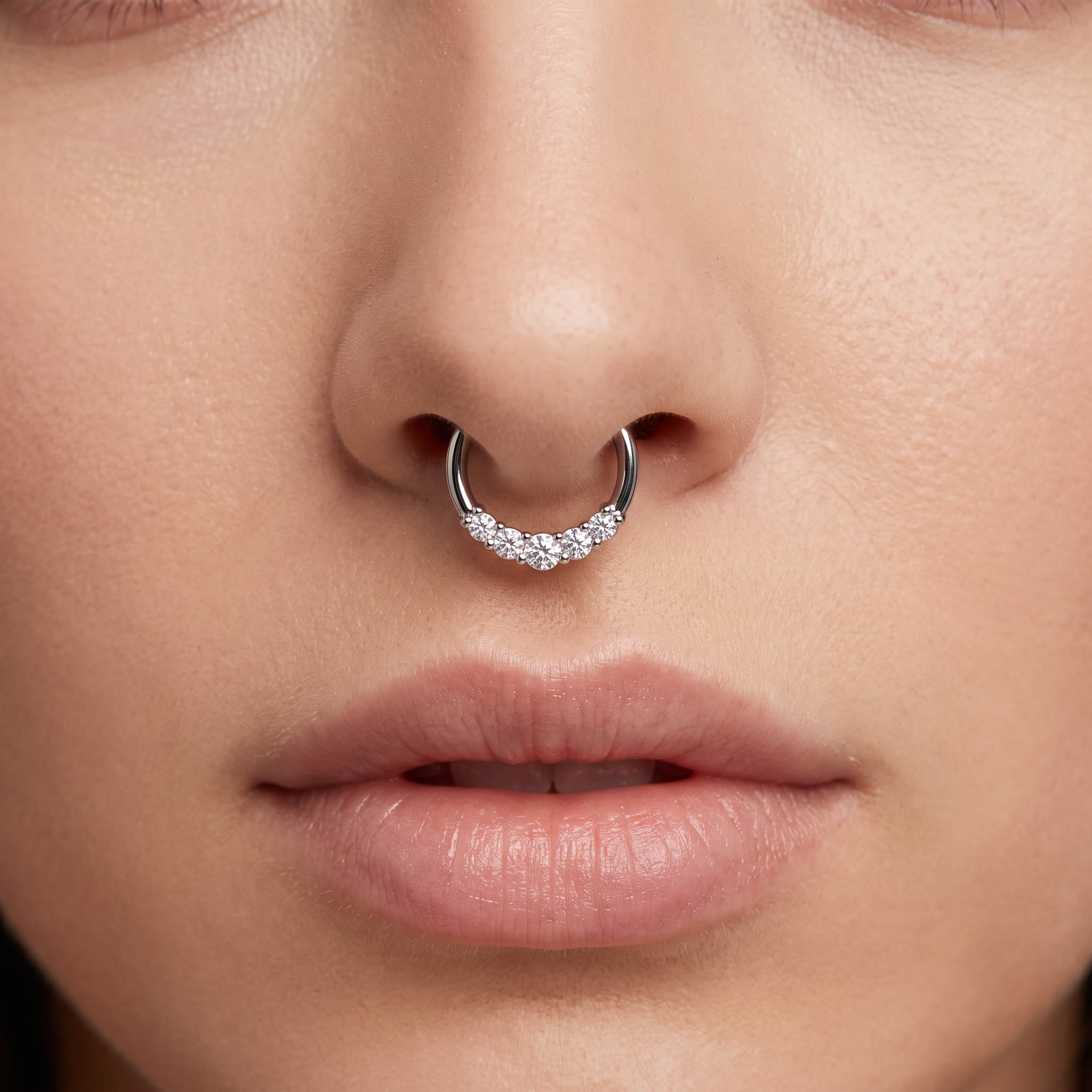 A close-up of a person's nose wearing a silver crescent-shaped nose ring adorned with small clear stones.