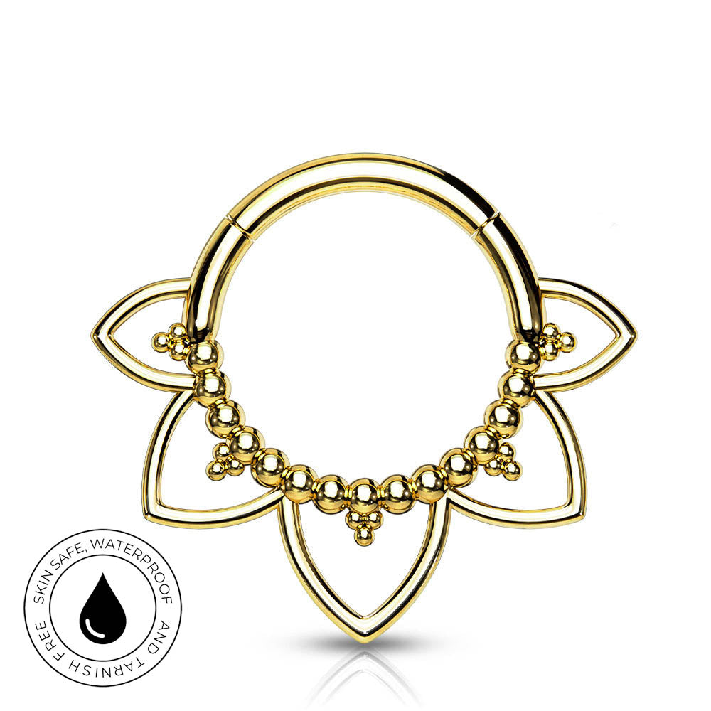Gold-plated flower-shaped hoop piercing jewelry with a beaded chain detail, shown on a white background with a 'Skin Safe Waterproof' badge in the lower-left corner.
