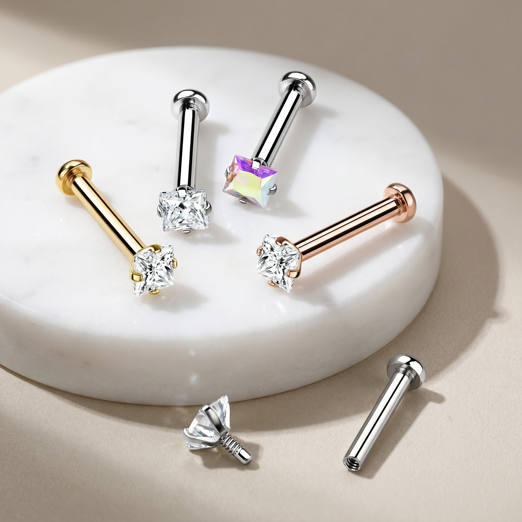 16 Gauge Hypoallergenic Internally Threaded Crystal Square Stud