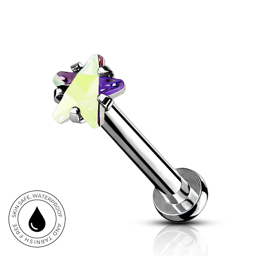 A stainless steel labret piercing barbell with a star-shaped gemstone cluster featuring a light green center, purple side stones, and a small red accent stone. A circular 'SkinSafe Waterproof' badge is shown in the bottom-left corner on a clean white background with a soft reflection.
