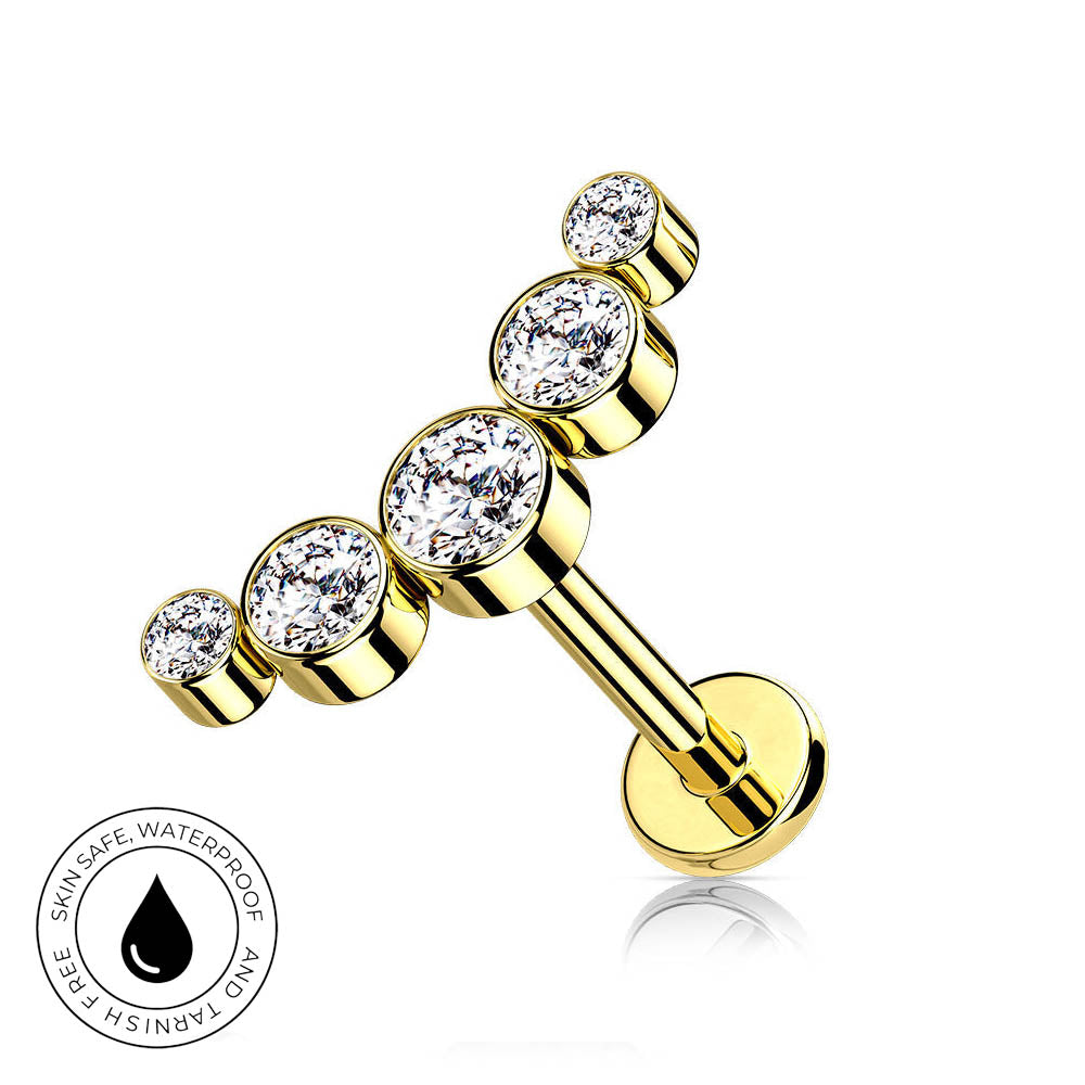 Gold-plated barbell stud piercing jewelry with four clear round-cut gemstones, shown on a white background with a circular 'skin-safe waterproof' badge in the lower-left corner.