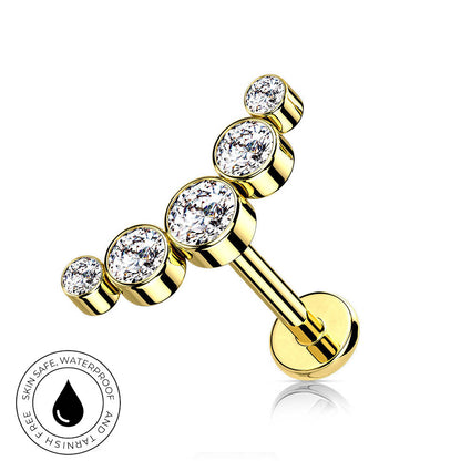 Gold-plated barbell stud piercing jewelry with four clear round-cut gemstones, shown on a white background with a circular 'skin-safe waterproof' badge in the lower-left corner.