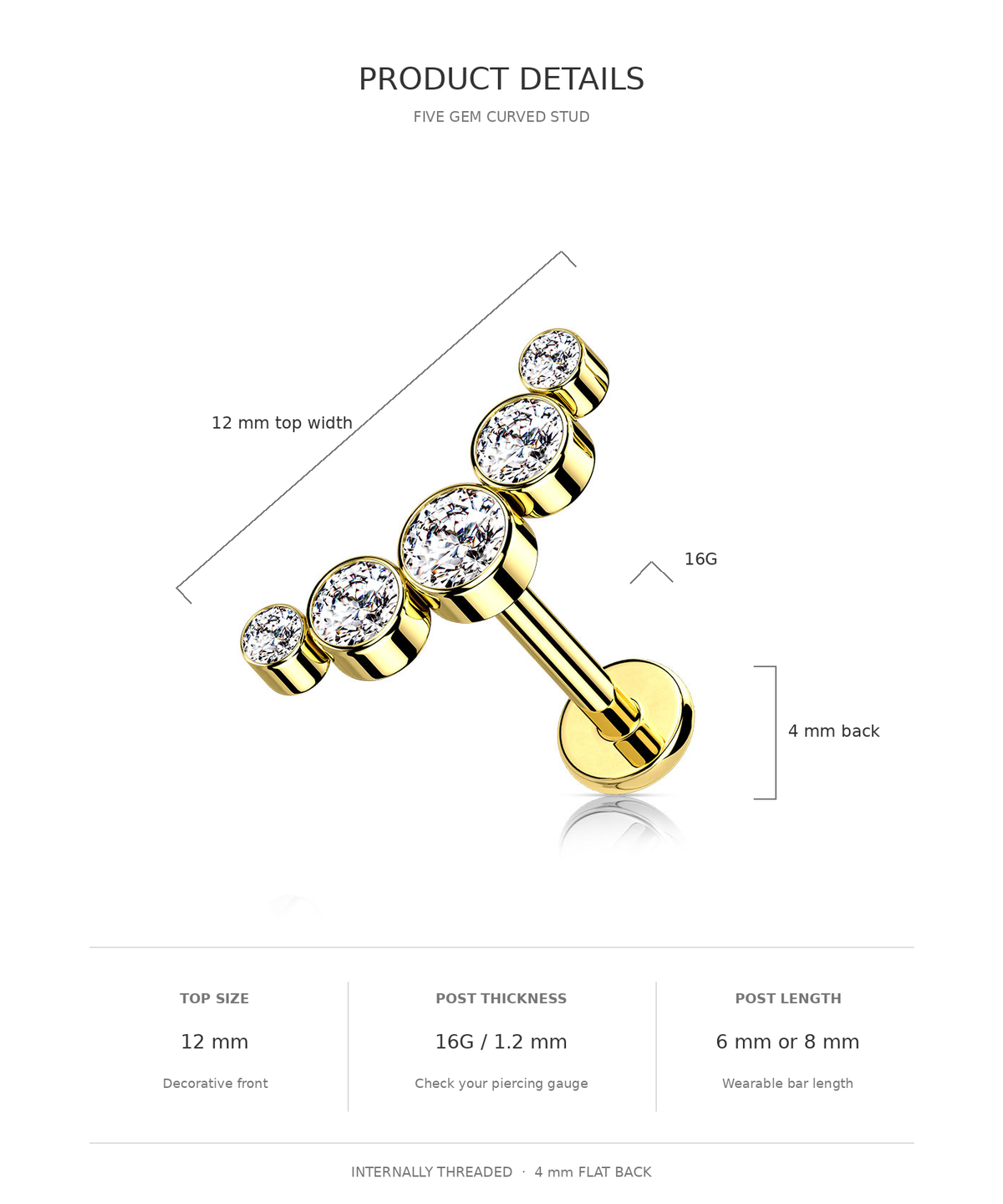 Product details diagram for a gold curved stud piercing with four round clear gemstones. The image shows the jewelry piece with dimension callouts including 12 mm top width, 16G post thickness, 4 mm back, and lists additional measurements at the bottom on a white background.