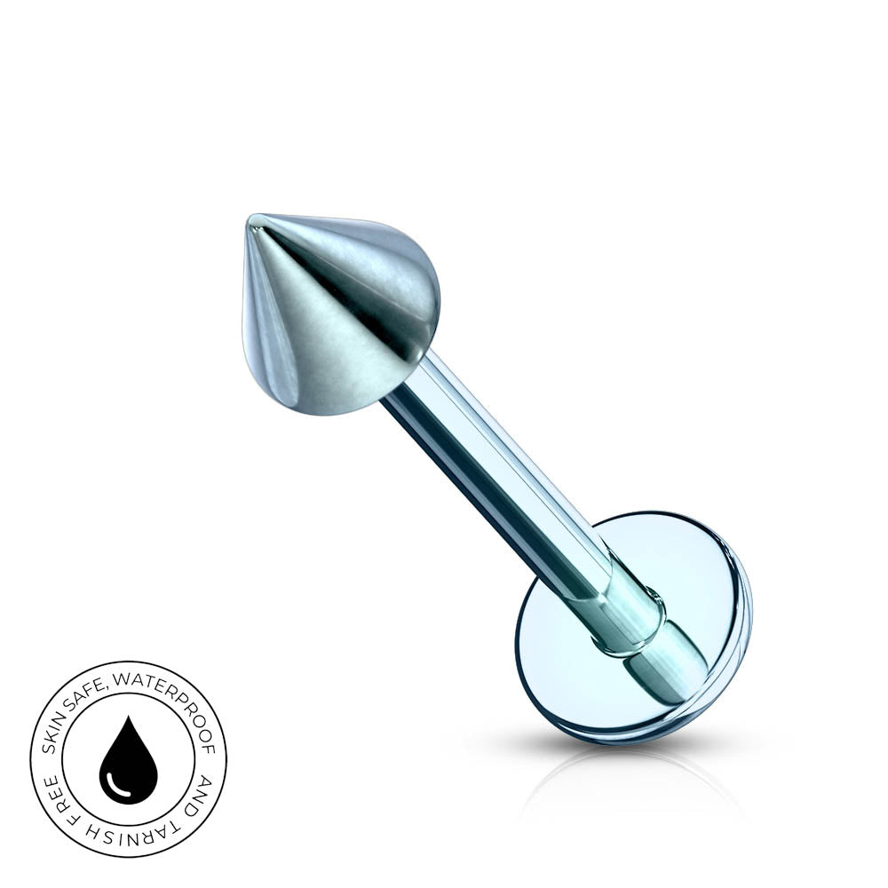 A stainless steel curved barbell piercing with a conical top and a flat circular gauge, shown on a white background with a 'Skin Safe Waterproof' badge in the lower-left corner.