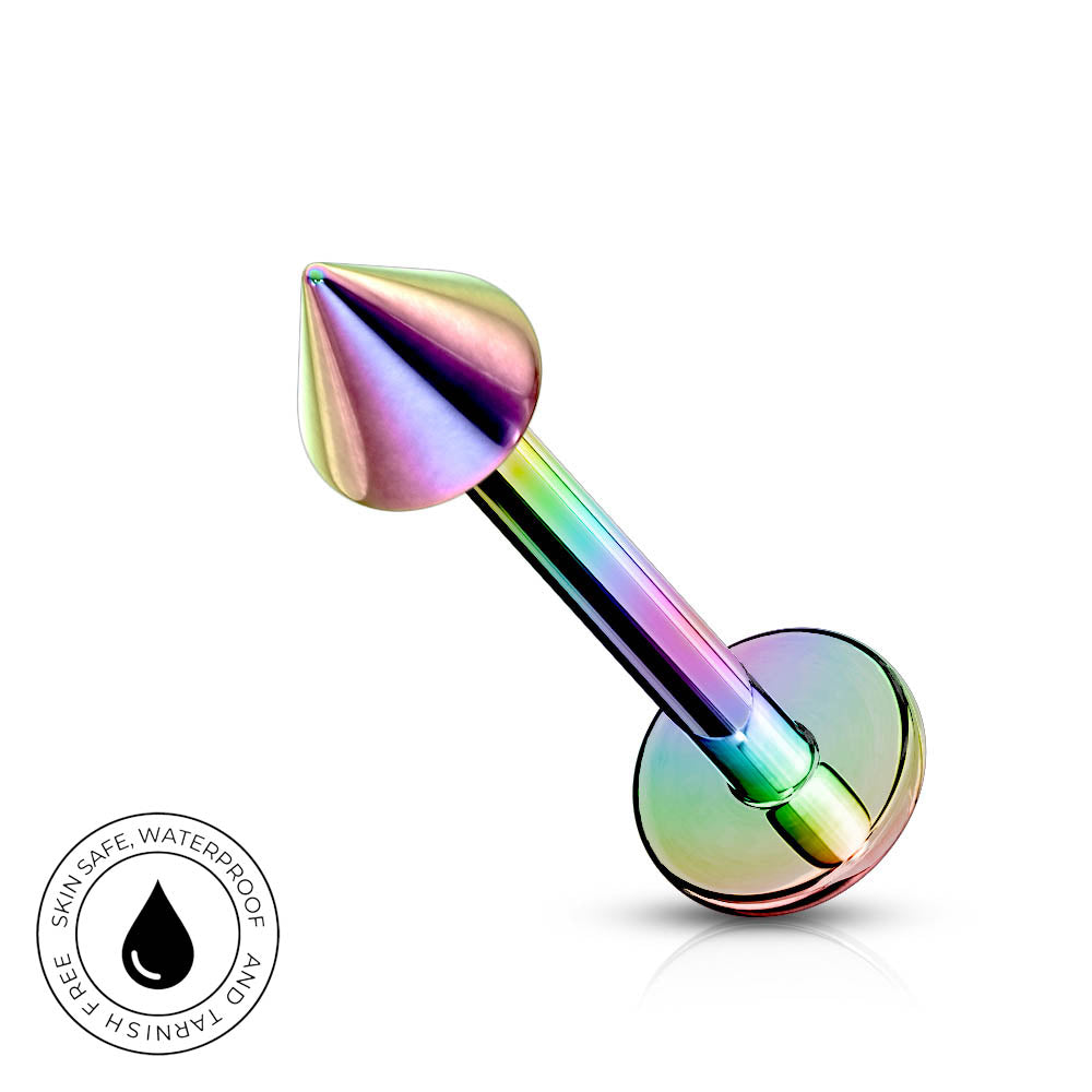 An iridescent rainbow stainless steel labret piercing barbell with a conical tip and flat back, shown on a white background with a circular 'Skin Safe Waterproof' badge in the bottom-left corner.