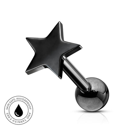 A black star-shaped body jewelry stud with a polished metallic ball end, shown on a clean white background with a small circular 'Skin Safe Waterproof' badge in the lower left corner.