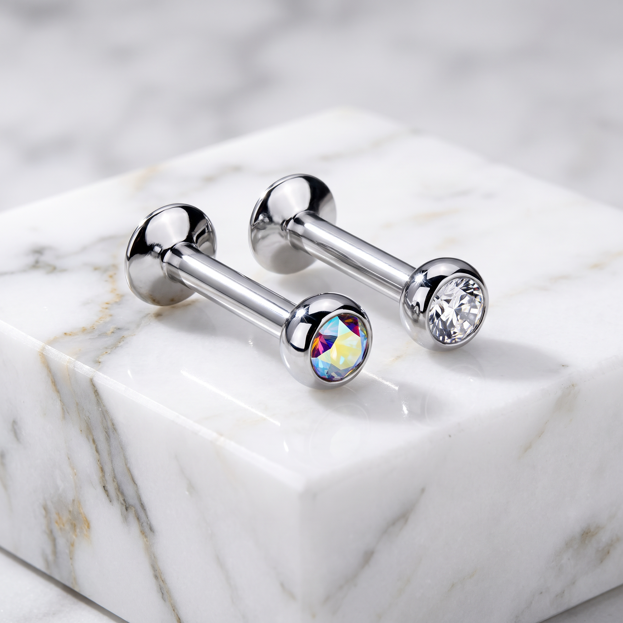 Two silver-toned barbell stud earrings displayed on a white marble block. One stud features a faceted clear crystal, while the other features a round iridescent rainbow crystal.