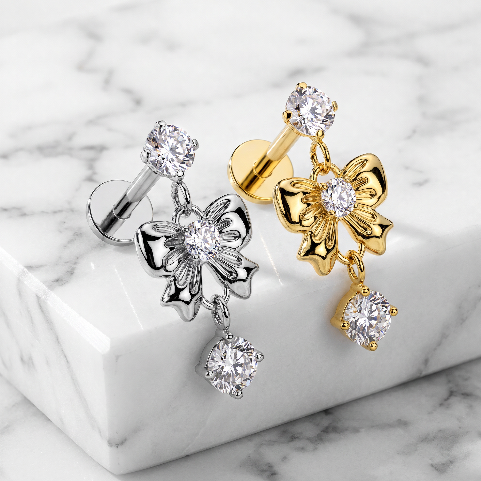 16 Gauge Internally Threaded Dangling Crystal Bow Stud