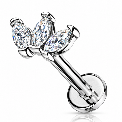 A silver-toned labret piercing stud featuring three marquise-cut clear gemstones in a floral cluster setting, shown on a clean white background with a subtle reflection.