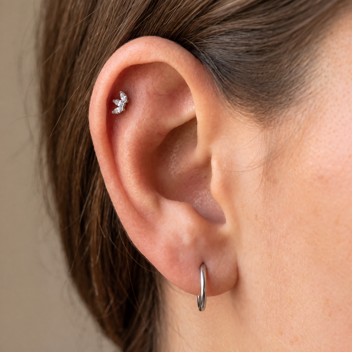 16 Gauge Internally Threaded Marquise Flower Stud worn by mode