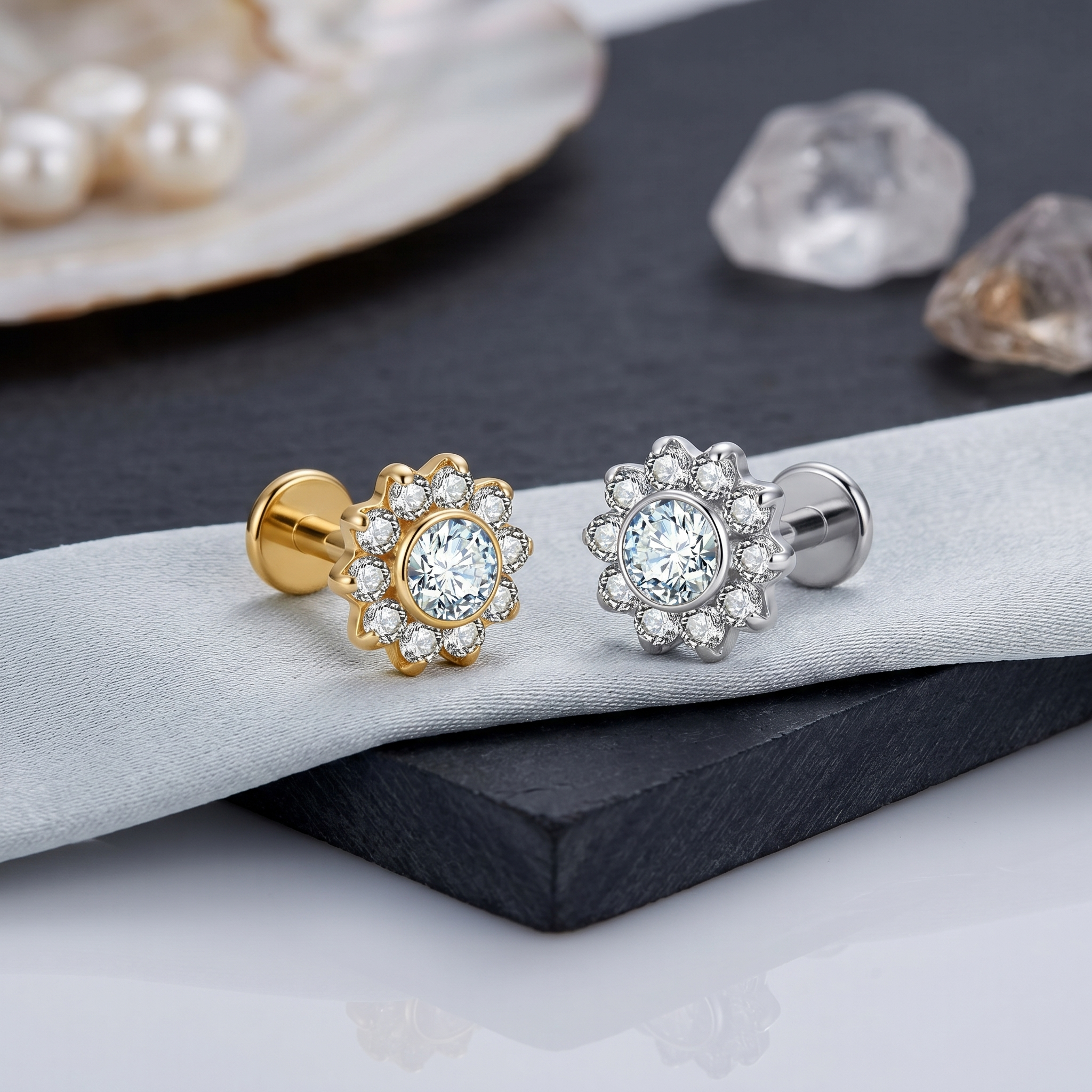 16 Gauge Internally Threaded Titanium Crystal Flower Stud